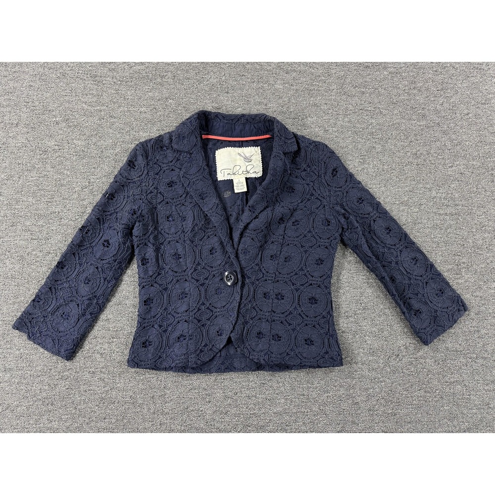 Tabitha Anthropologie Jacket Womens 0 Navy Blue Lace Cropped Blazer 3/4 Sleeve